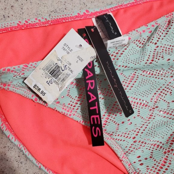 NWT RARE NINETY-NINE DEGREES CROCHET LACE BIKINI SET SZ L TEAL & NEON PINK - Picture 10 of 11